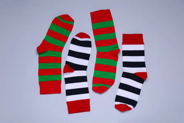 Different Striped Socks Grey Background Flat Lay — Stock fotografie