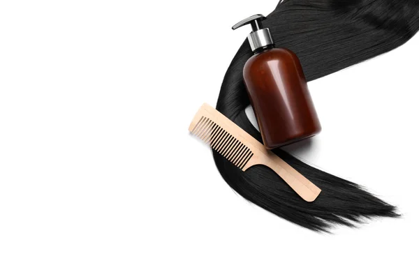 Lock Beautiful Brunette Straight Hair Cosmetic Product Comb White Background — Fotografia de Stock