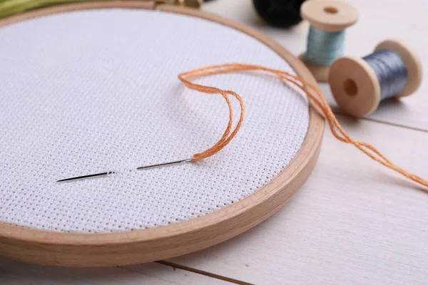 Embroidery Hoop Fabric Needle White Wooden Table Closeup — Stock Photo, Image