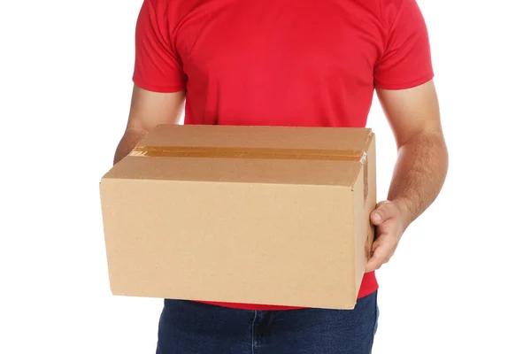 Courier Cardboard Box White Background Closeup — Foto de Stock