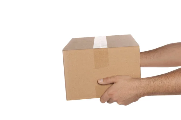 Courier Holding Cardboard Box White Background Closeup — Foto Stock