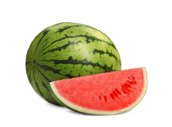 Ripe Whole Cut Watermelons Isolated White — стоковое фото