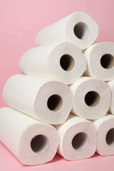 Many Rolls Paper Towels Pink Background — Stock Fotó