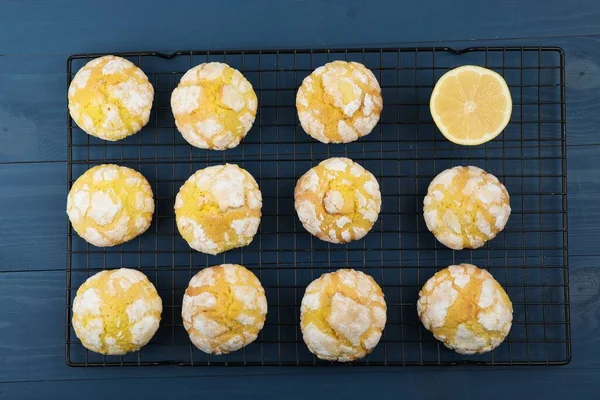 Tasty Homemade Lemon Cookies Blue Wooden Table Top View — Stockfoto