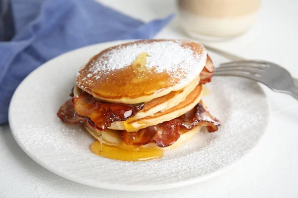 Delicious Pancakes Maple Syrup Sugar Powder Fried Bacon White Table — стоковое фото