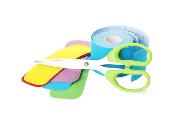 Scissors Bright Kinesio Tape Roll Pieces White Background — Stockfoto