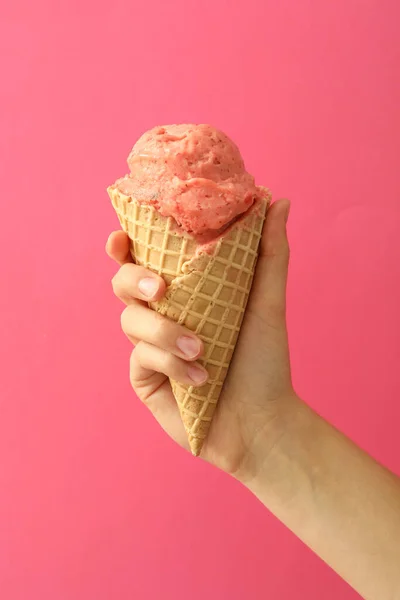 Woman Holding Waffle Cone Delicious Ice Cream Pink Background Closeup — Stock Photo, Image