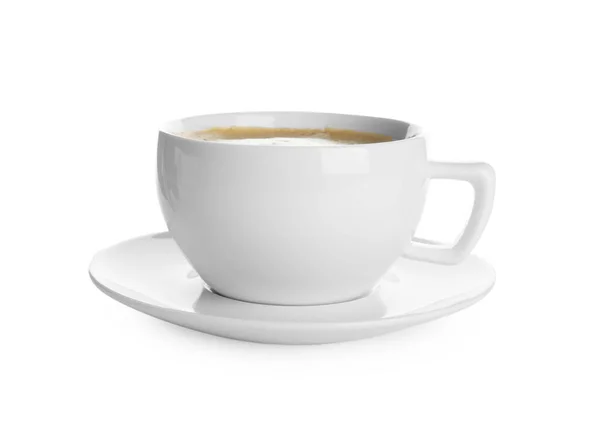 白に隔離されたホットコーヒーとソーサーのカップ — ストック写真