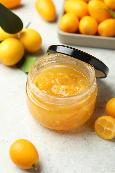 Delicious Kumquat Jam Jar Fresh Fruits White Table — Stock Fotó