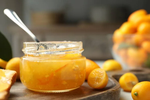 Delicious Kumquat Jam Jar Fresh Fruits Wooden Board Closeup Space — Stock Fotó