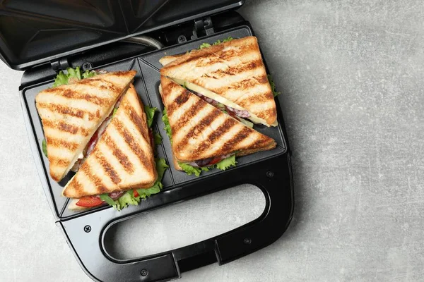 Modern Grill Maker Sandwiches Grey Table Top View Space Text — Stock Fotó