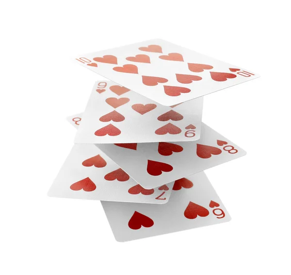 Different Playing Cards Floating White Background Poker Game — Stockfoto