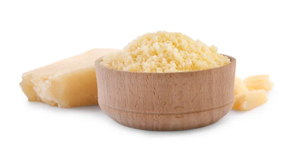 Delicious Grated Parmesan Cheese White Background — Fotografia de Stock