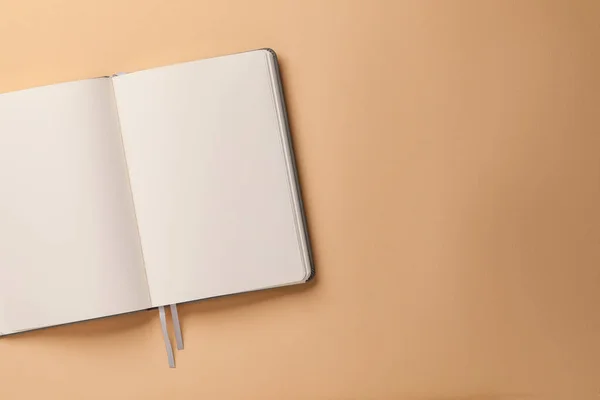 Blank Notebook Beige Background Top View Space Text — Zdjęcie stockowe