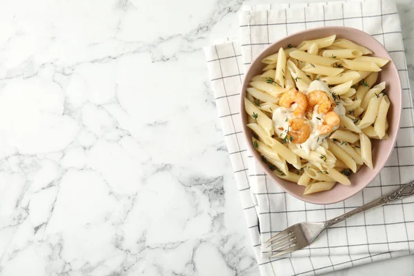 Delicious Pasta Shrimps White Marble Table Top View Space Text — Foto de Stock