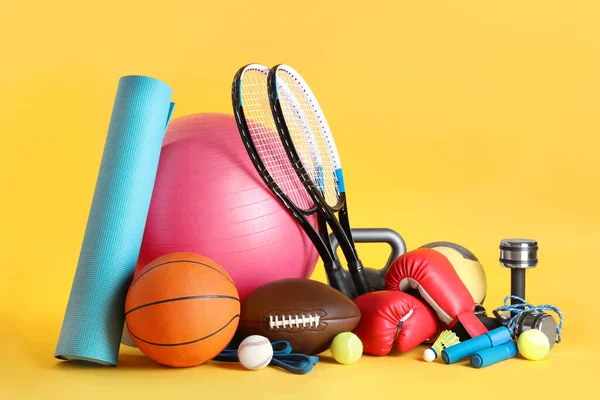 Set Different Sports Equipment Yellow Background — Fotografia de Stock