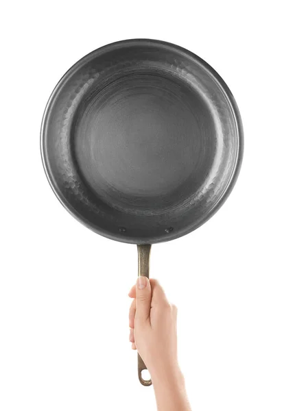 Woman Holding Metal Frying Pan White Background Closeup — Zdjęcie stockowe