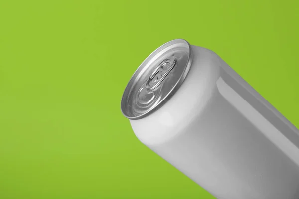 White Can Energy Drink Light Green Background Closeup Space Text — стоковое фото