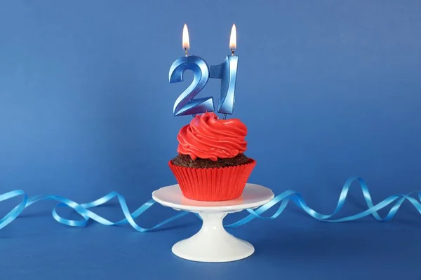 Delicious Cupcake Number Shaped Candles Blue Background Coming Age Party — Φωτογραφία Αρχείου
