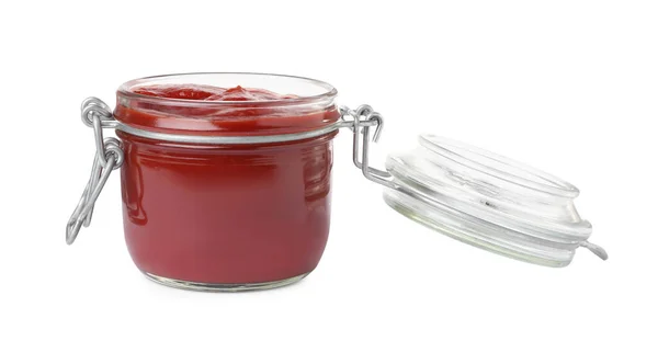 Tasty Ketchup Glass Jar Isolated White — Fotografia de Stock