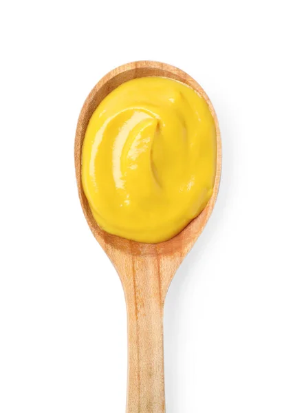 Delicious Mustard Wooden Spoon Isolated White Top View — Stok fotoğraf