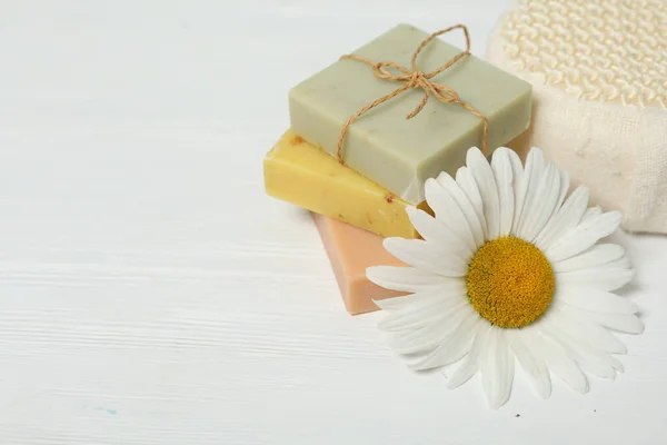 Bars Soap Chamomile White Wooden Table Space Text — Fotografia de Stock