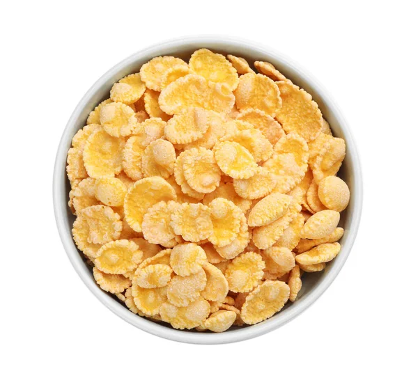 Bowl Tasty Corn Flakes Isolated White Top View — Foto de Stock