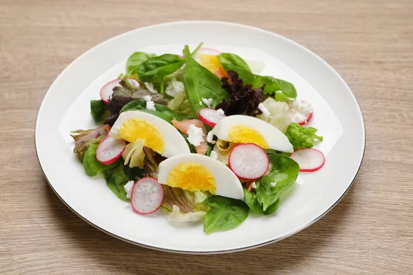 Delicious Salad Boiled Egg Radish Cheese Wooden Table Closeup — Stok fotoğraf