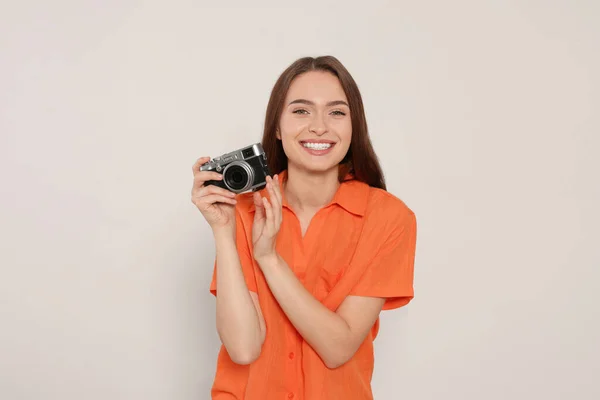 Young Woman Camera White Background Interesting Hobby — Fotografia de Stock