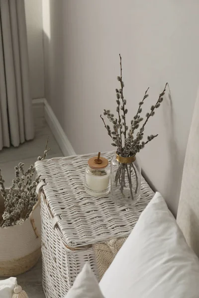 Bedroom Interior Pussy Willow Branches Other Decor — ストック写真