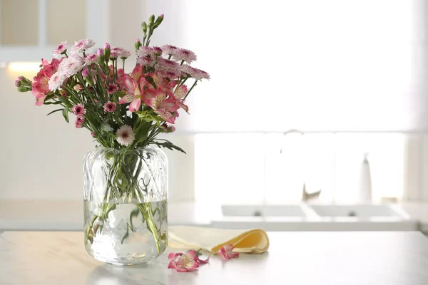 Vase Beautiful Flowers Table Kitchen Space Text Stylish Element Interior — Stock Photo, Image