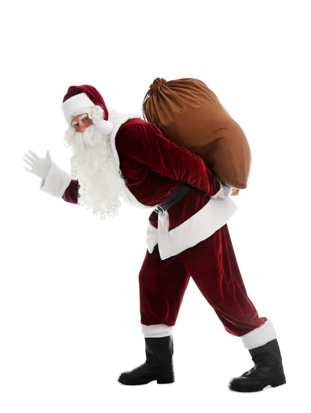 Babbo Natale Con Sacco Che Cammina Sfondo Bianco — Foto Stock