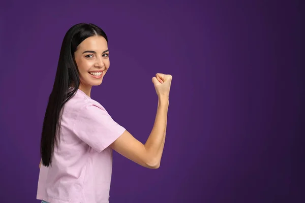 Strong Woman Symbol Girl Power Purple Background Space Text March — Stock Fotó