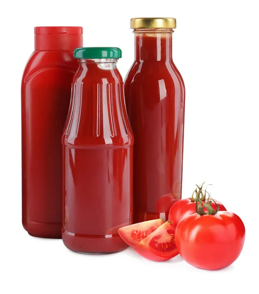 Tasty Ketchup Fresh Ripe Tomatoes White Background — Foto Stock