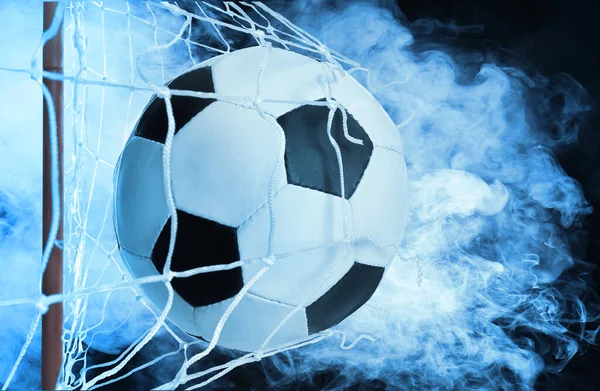 Soccer Ball Net White Smoke Black Background — Zdjęcie stockowe