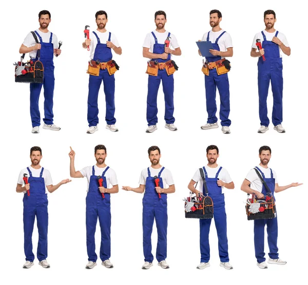 Collage Photos Professional Plumber White Background — Stockfoto