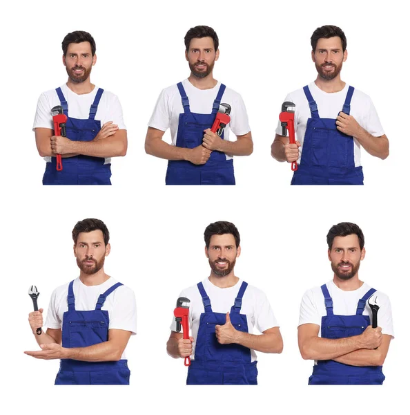 Collage Photos Professional Plumber White Background — 스톡 사진