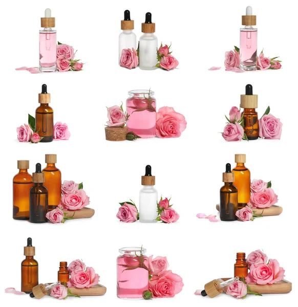 Set with bottles of essential rose oil and flowers on white background