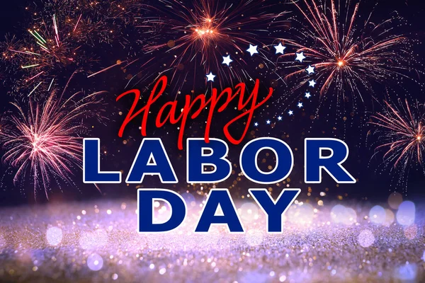 Happy Labor Day Festive Background Fireworks Glitters Bokeh Effect — Fotografia de Stock