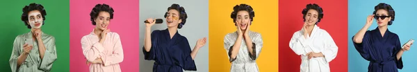 Collage Photos Beautiful Young Woman Wearing Bathrobe Hair Curlers Different — Fotografia de Stock