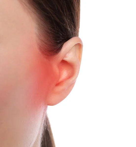 Woman Suffering Ear Pain White Background Closeup — Stockfoto