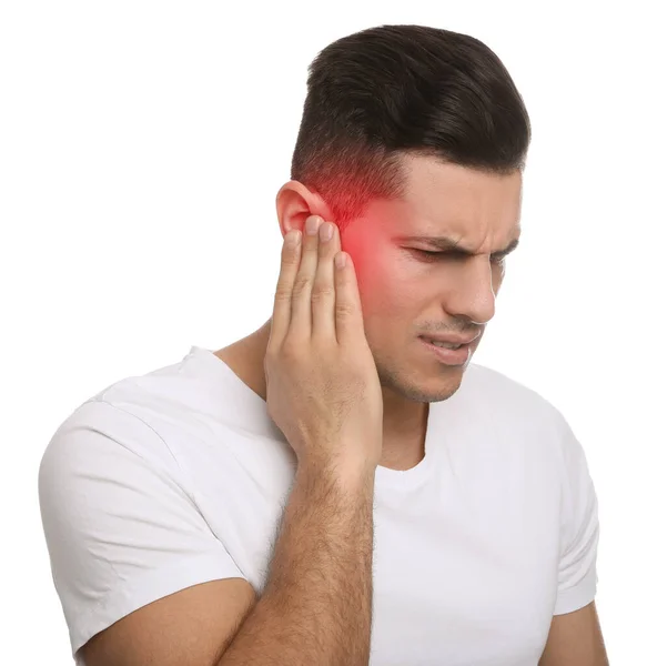 Man Suffering Ear Pain White Background — Stock Photo, Image