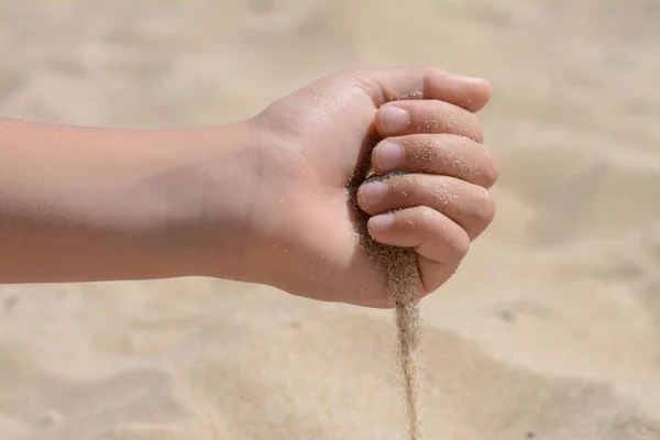 Child Pouring Sand Hand Outdoors Closeup Fleeting Time Concept — Fotografia de Stock
