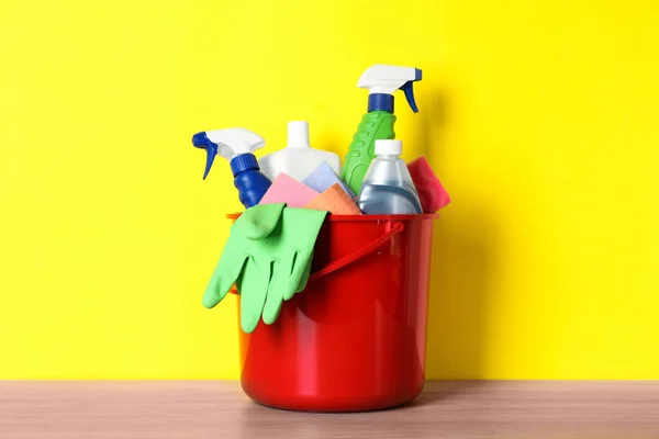 Bucket Different Cleaning Supplies Wooden Floor Yellow Wall — Stock Fotó