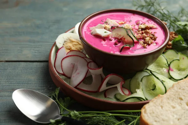 Delicious Cold Summer Beet Soup Blue Wooden Table — Zdjęcie stockowe