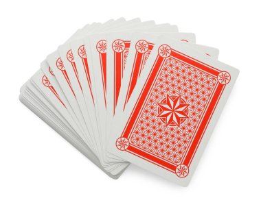 Deck of playing cards isolated on white, top view. Poker game