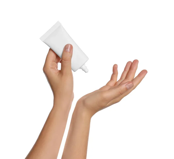 Woman Applying Cream Her Hand White Background Closeup — Fotografia de Stock