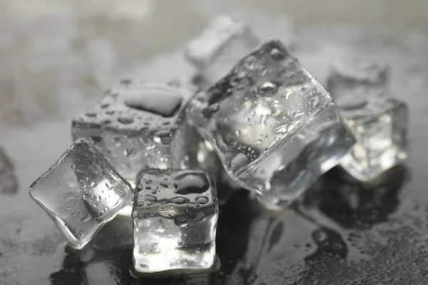 Crystal clear ice cubes with water drops on grey table, closeup