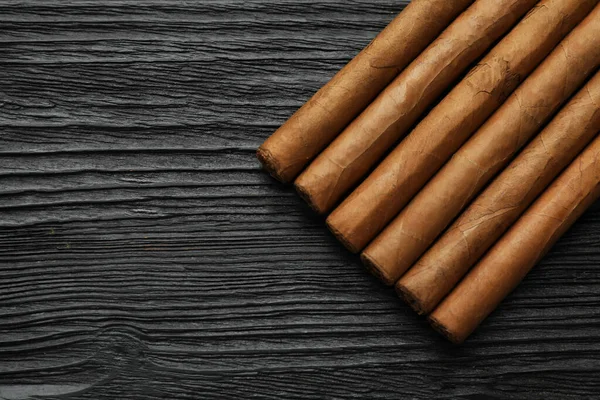 Many Cigars Black Wooden Table Flat Lay Space Text — Fotografia de Stock