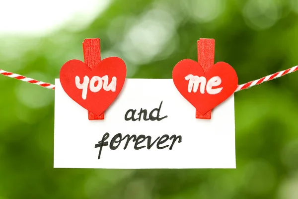 Romantic Message Card You Forever Text Made Paper Hearts Clothespins — Stockfoto